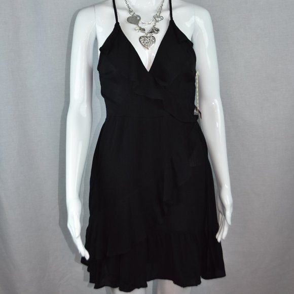 Mossimo XS Black V-Neck Cross Over Ruffled Spaghetti Strap Knee Length Dress NWT - Picture 1 of 8